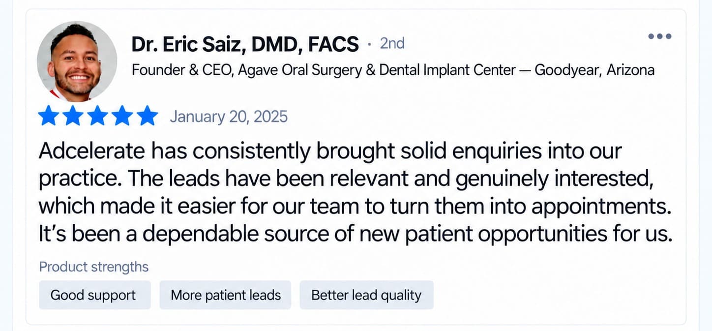 Five-star review from Dr. Eric Saiz, Founder and CEO, Agave Oral Surgery and Dental Implant Center, Goodyear, Arizona