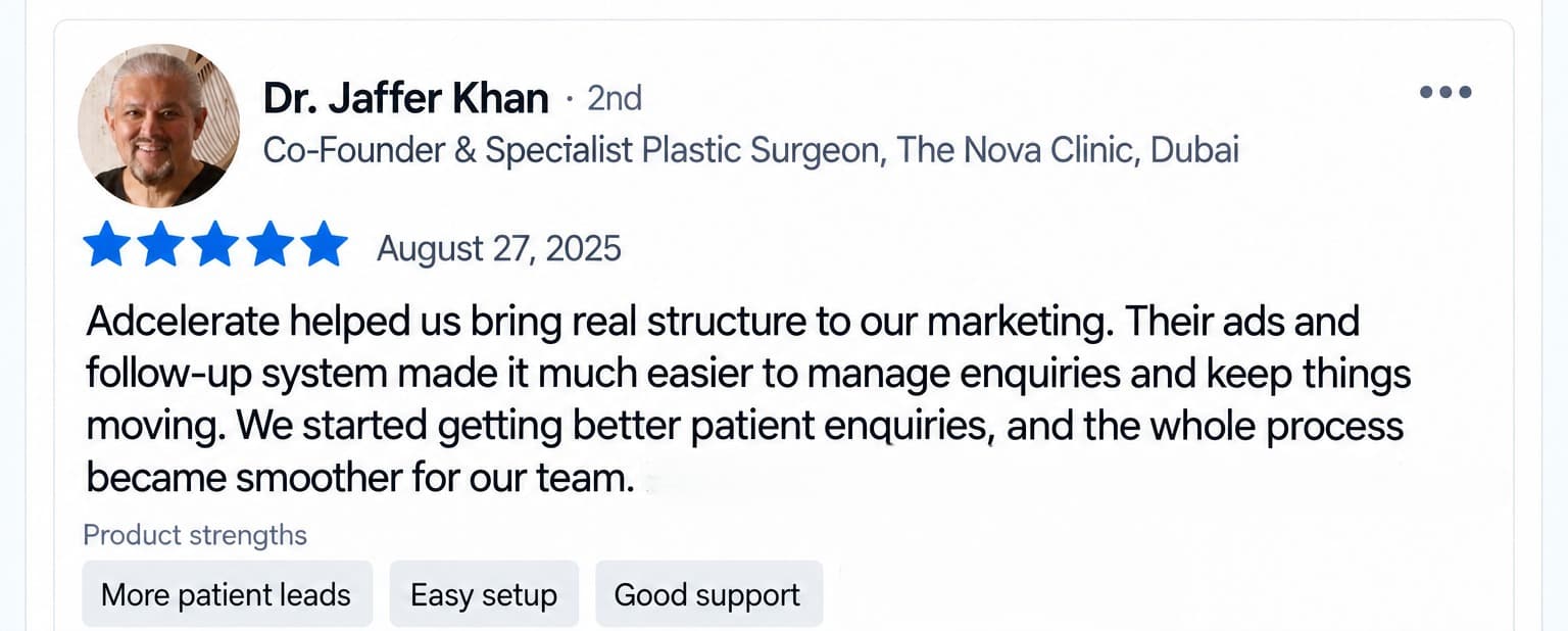Five-star review from Dr. Jaffer Khan, Co-Founder and Specialist Plastic Surgeon, The Nova Clinic, Dubai