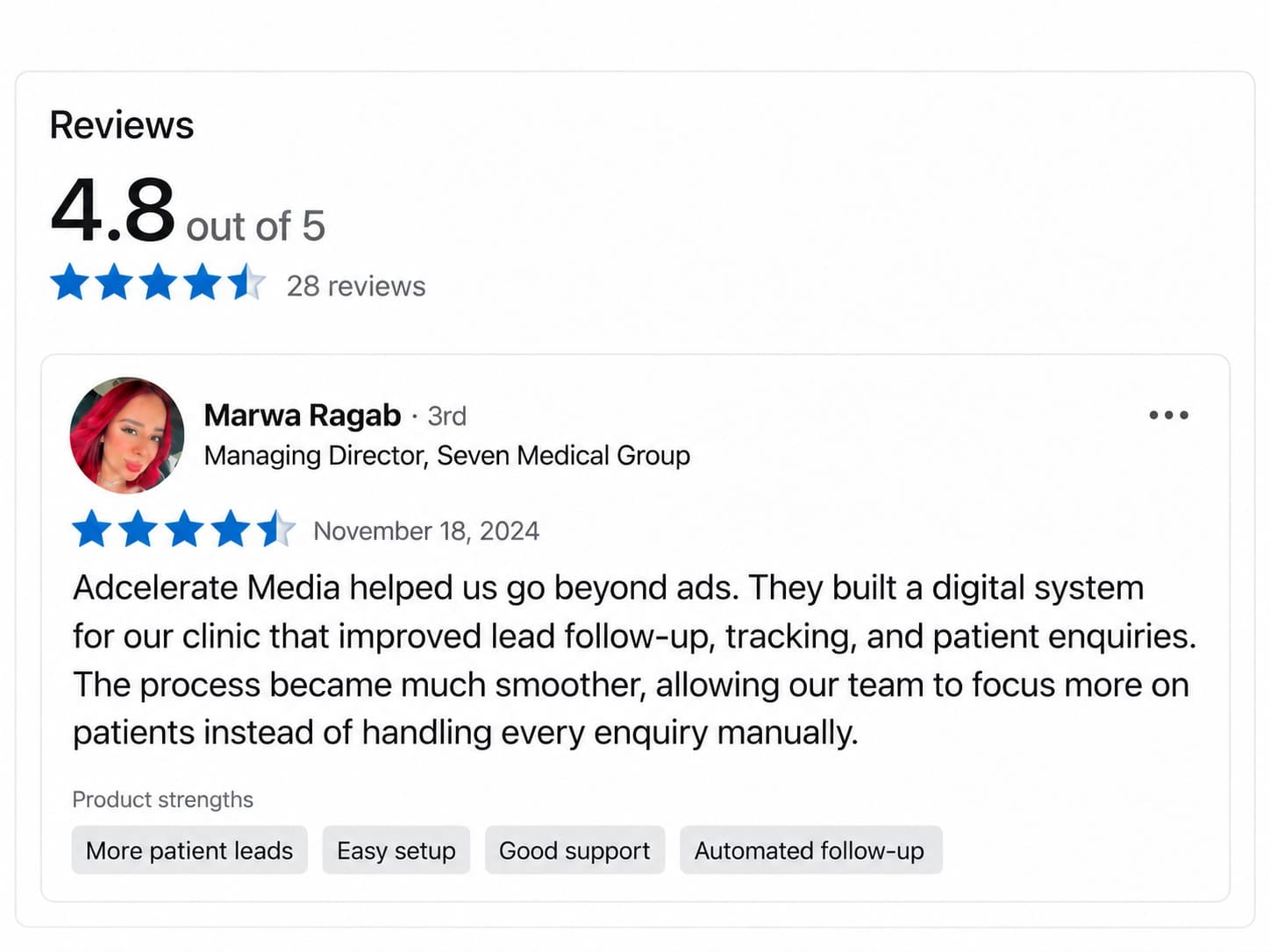 Reviews summary, 4.8 out of 5 from 28 reviews, and a review from Marwa Ragab, Managing Director, Seven Medical Group