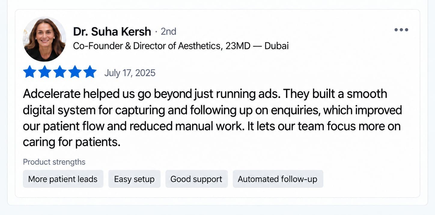 Five-star review from Dr. Suha Kersh, Co-Founder and Director of Aesthetics, 23MD, Dubai